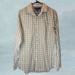 Banana Republic Mens Medium Button Up Shirt Tan Plaid Soft Wash Stretch Slim Fit